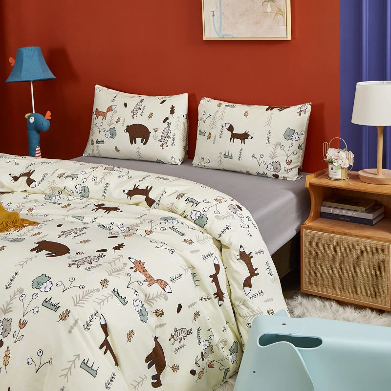 CLOTHKNOW Yellow Animal Comforter Set Twin/Twin XL Kids Bedding Comforter Sets Soft Cartoon Comforter Fox Rabbit Beige Bedding with 2 x Pillow Cases - Image 4